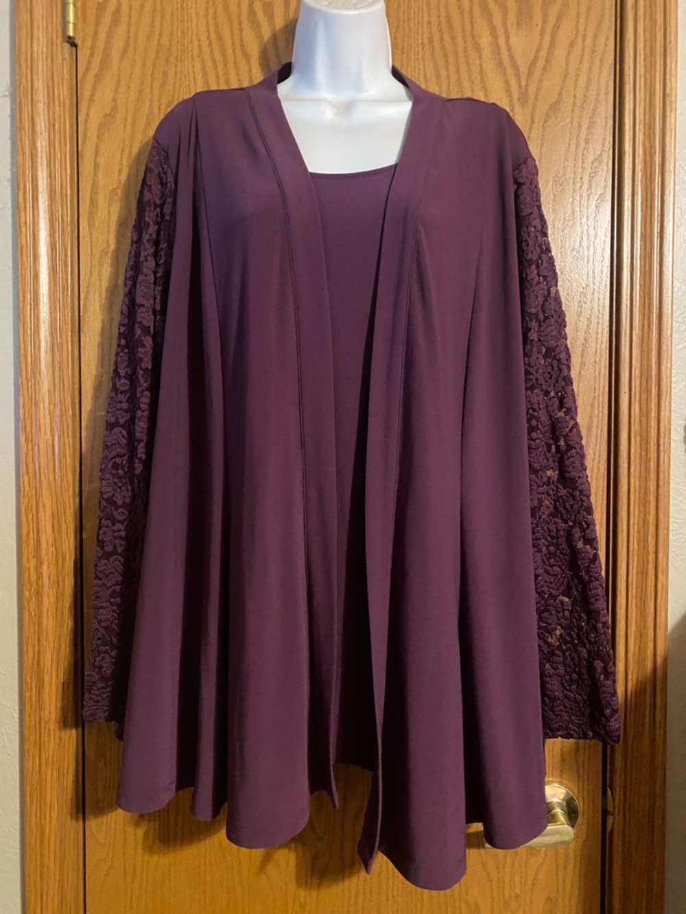 Susan Graver Plum Lace-Sleeve Open Front Jacket